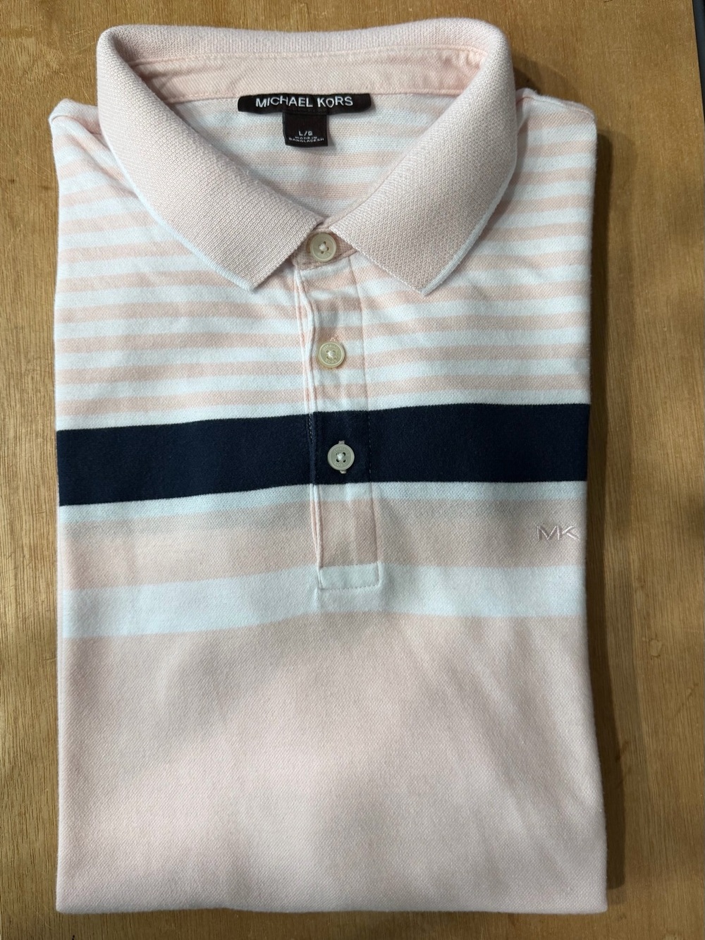 Michael Kors Menโs Pale Pink Polo with Navy Chest Stripe